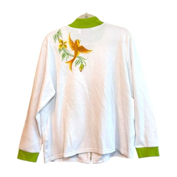 Bob Mackie Wearable Art White/Green Embroidered Bird Zip Up Sweater Sz XL NWOT - Picture 2 of 11